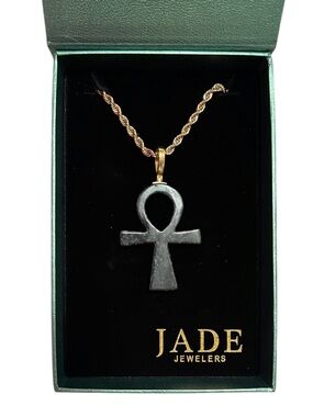 Wuji Black Jade Ankh Pendant Gold Tone Necklace